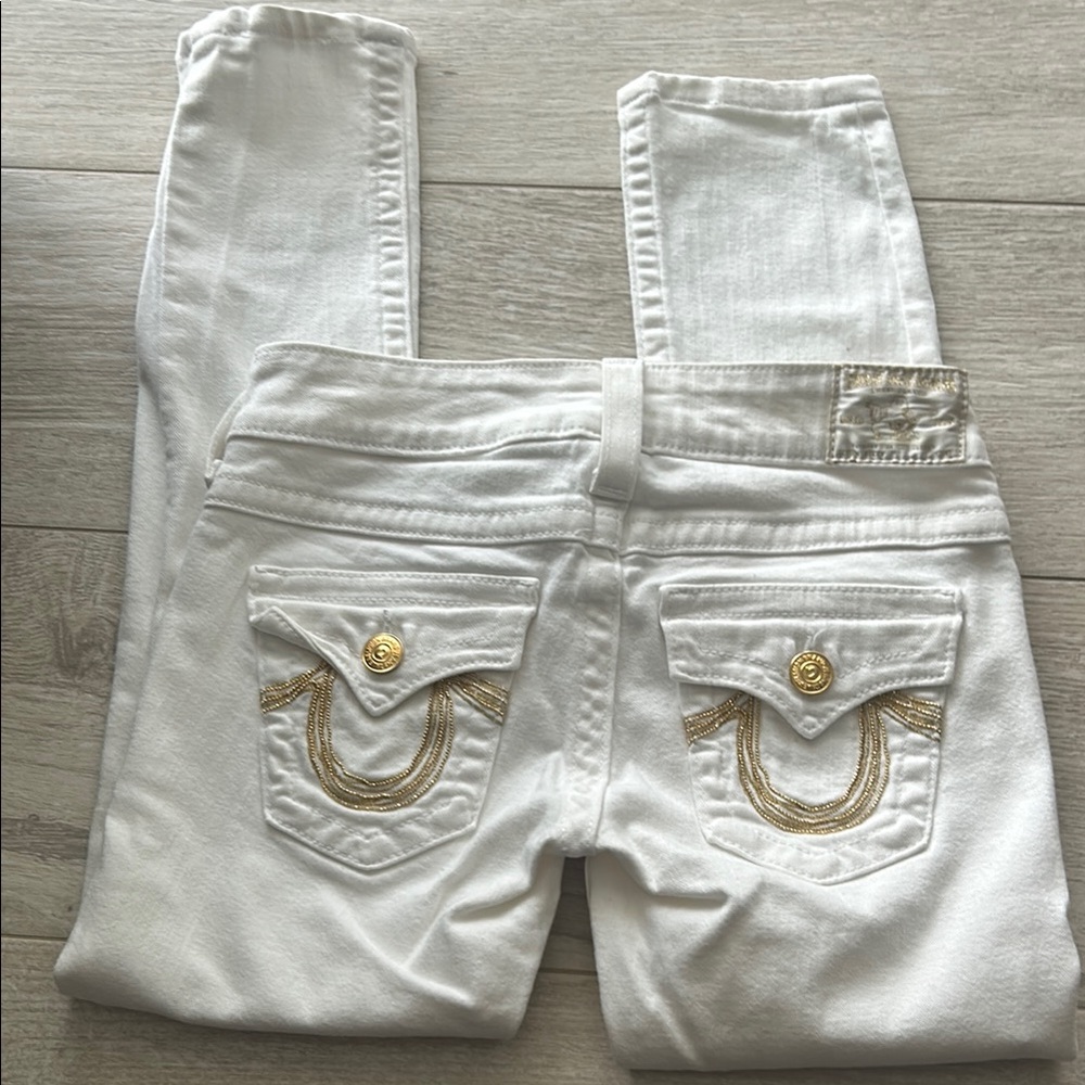 True Religion White Jeans with Gold Stitching
